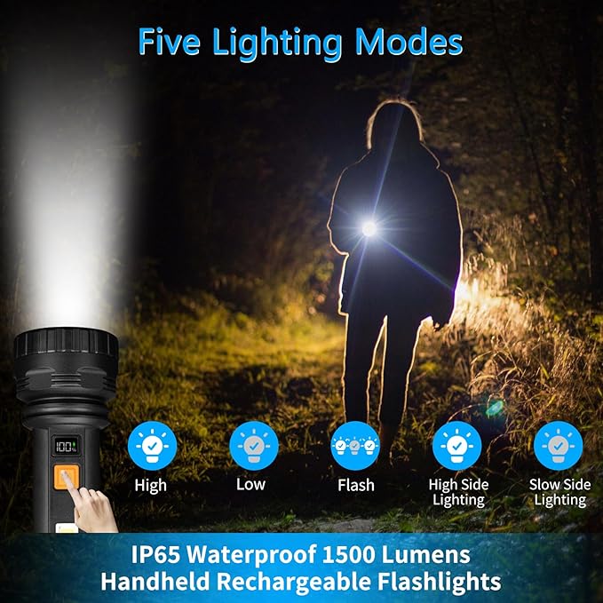 Solar Flashlights, 1500 Lumens Led Solar Powered Flashlights with Digital Display 2000mAh Battery Rechargeable Handheld Flashlights IP65 Waterproof Flashlights for Survival Emergencies, 1 Pack