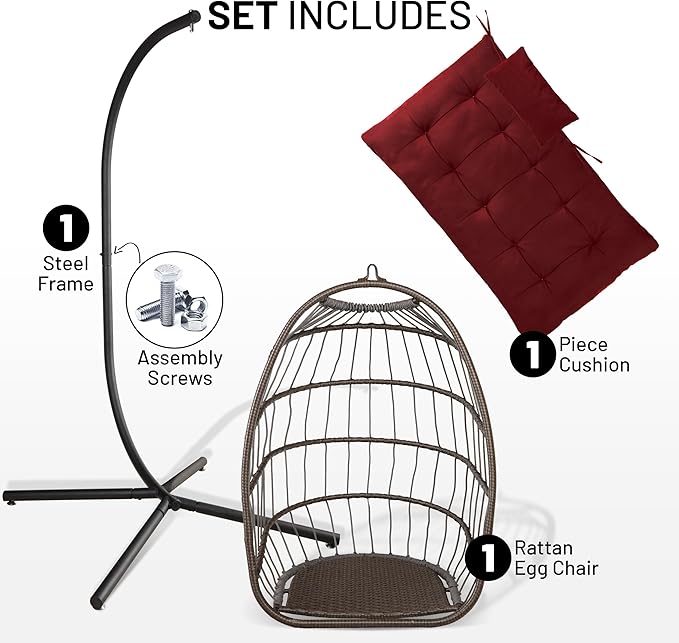 SereneLife Foldable Egg Chair with Stand – Hanging Rattan Wicker Swing for Indoor Outdoor Use – 350 lbs Capacity, Breathable Cushion & Headrest – Patio, Balcony, Porch, Bedroom Lounge Furniture