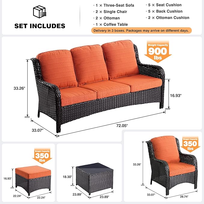 ovios 6 Pieces Patio Furniture Set, Outdoor Wicker Sofas with Glass Coffee Table and Comfy Cushions, All Weather High Back Couch Set for Deck Porch, Brown Rattan, Orange Red