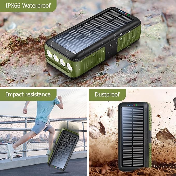 Solar Charger Power Bank 63200mAh, Portable Charger with Dual Outputs & Dual Inputs 4 LEDs Flashlight, Hand Crank Power Bank Fast Charging Battery Pack for Outdoor Camping Survival Gear (army green)