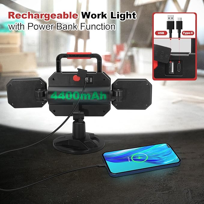 SYLSTAR Rechargeable Work Light, 25W 2700LM COB LED Magnetic Work Light with Battery, Rotatable Portable Waterproof Cordless Job Site Lighting for Construction Site, Garage, Workshop, Car Repairing