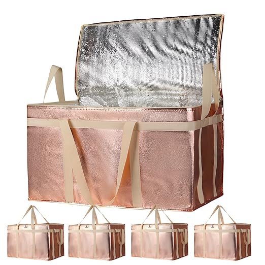 Bodaon 5-Pack Cooler Insulated Food Delivery Bag for Doordash/Uber Eats, XXX-Large Thermal Bags for Catering/Hot Pizza, Travel/Camping Essentials/Picnic Lunch/Grocery Reusable Cold Frozen Bolsa, Gold