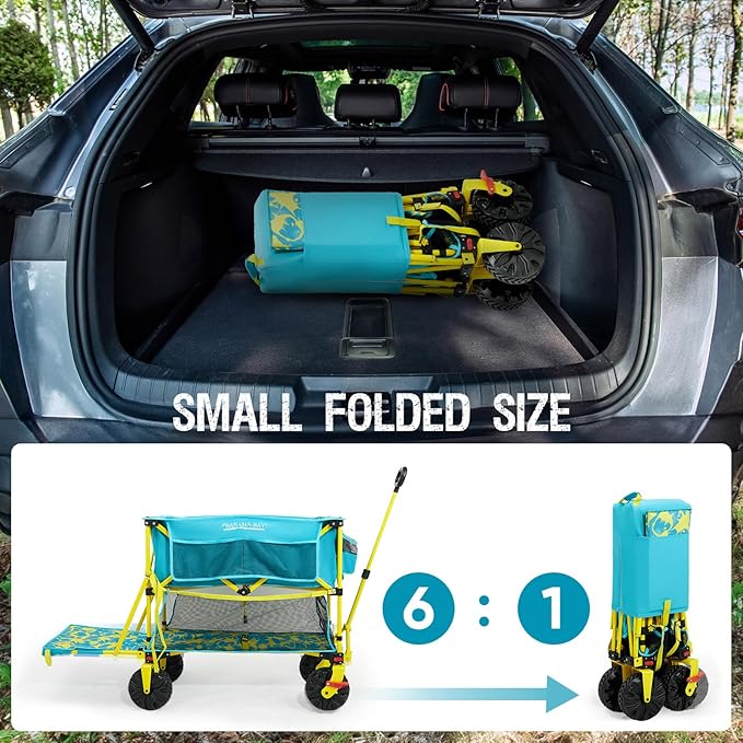 400L Collapsible Double Decker Beach Wagon with Brakes, Folding Beach Cart with 54" Extra Long Decker, 450LBS Heavy Duty Wagon Chart with All-Terrain Big Wheels for Sand Camping Garden