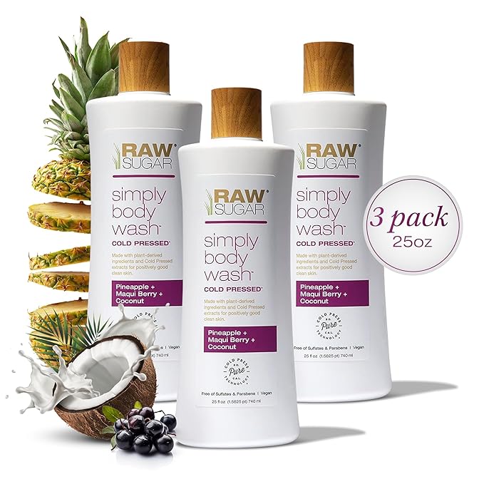 RAW SUGAR Simply Body Wash - Pineapple + Maqui Berry + Coconut, Moisturizing & Brightening Bath & Shower Gel, Sulfate-Free, Paraben-Free & Vegan (Pack of 3)