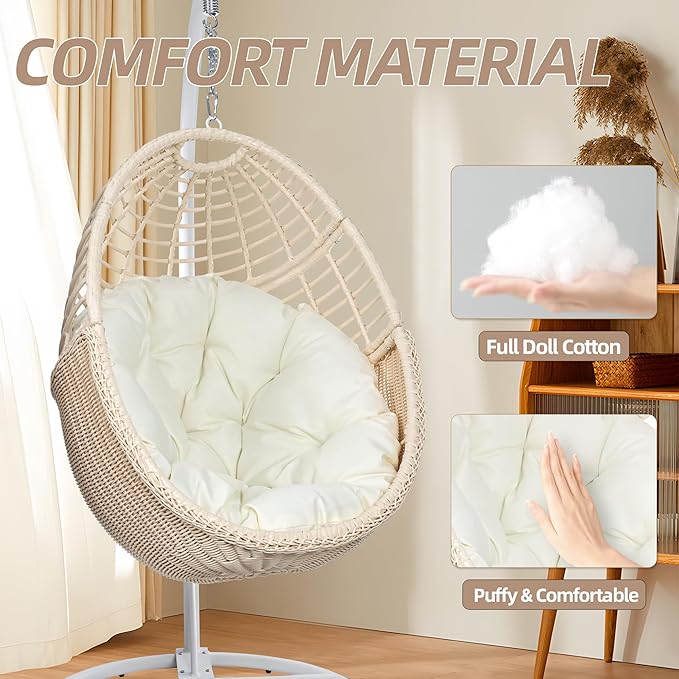 TWT Hanging Egg Chair with Stand, 330lbs Capacity Patio Wicker Egg Swing Chair with UV Resistant Cushion for Bedroom Garden Indoor Outdoor (Beige)