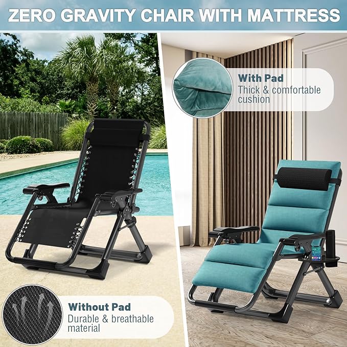 ABORON Zero Gravity Chair,Premium Outdoor Lawn Folding Lounge Chairs,Sturdy Adjustable Reclining Patio Chairs with Removable Cushion,Headrest & Tray