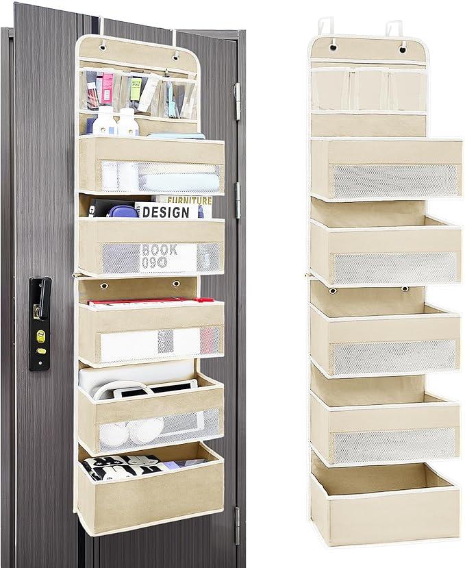 Over The Door Organizer 6 Tiers, Behind Door Storage of 5 Compartments, 44 Weight Capacity Bathroom Organizers and Storage, Door Hanging Organizer for Closet, Room Storage, Lvoy White, 6 Shelf