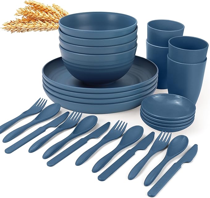 Wheat straw plates and bowls sets with cutlery - Unbreakable wheat straw dinnerware sets - Dishwasher safe plates,bowls,cups for apartment.Blue