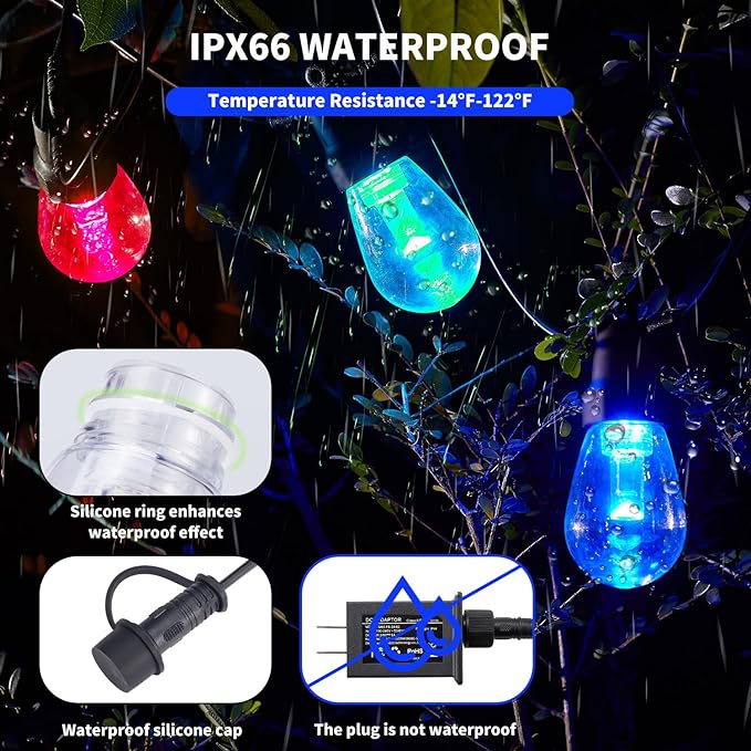 Outdoor String Lights 100FT (2×50FT), Patio Lights with 40 Dimmable RGBW LED Bulbs, IP66 Waterproof & Shatterproof, APP & Remote Control, 24V Adapter, Color Changing Lights for Backyard Decor