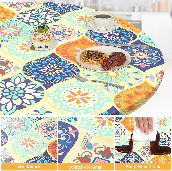 Round Tablecloth Fitted Elastic Table Cover Waterproof Table Cloth for Dinner, Party, Picnic,Camping, Round Table Cover for Indoor Outdoor