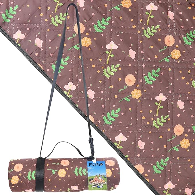 Outdoor Cute Picnic Blanket Brown Floral 60"x80" Sandproof Beach Blanket Waterproof Picnic Blankets Foldable for Caming, Beach, Outdoor Activities.
