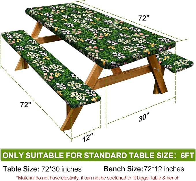Picnic Table Cover with Bench Covers Camping Essentials Waterproof Windproof Camping Tablecloth with Drawstring Bag, Fitted Rectangle Tables and Seats, 72in, Green Pink