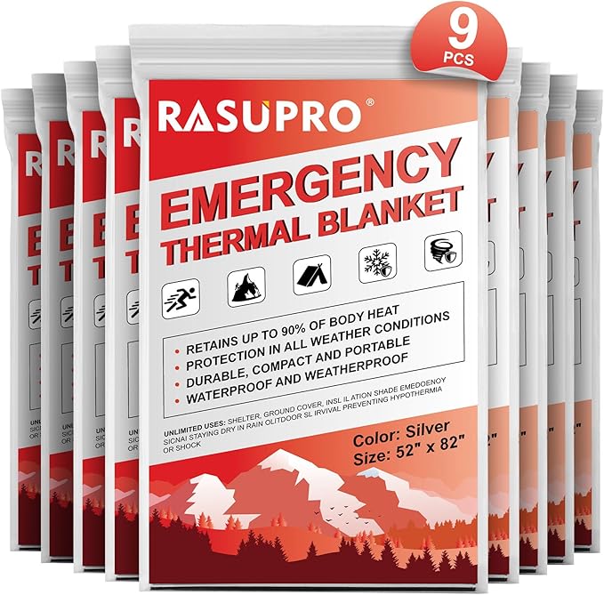 9 Pack Emergency Blankets, Outdoor Survival Emergency Insulated Gear, Mylar Thermal Space Insulated Blanket, Perfect for Camping, Hiking, Running, Marathon, Wilderness Rescue or First Aid