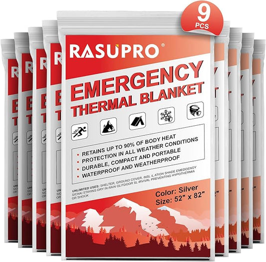 9 Pack Emergency Blankets, Outdoor Survival Emergency Insulated Gear, Mylar Thermal Space Insulated Blanket, Perfect for Camping, Hiking, Running, Marathon, Wilderness Rescue or First Aid