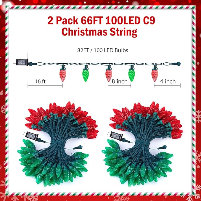 C9 LED Christmas String Lights - 82ft 100 LED Outdoor String Lights with Timer and 8 Lighting Modes, Plug in Extendable Roofline Lights String for Outside Yard Porch Christmas Holiday Decoration