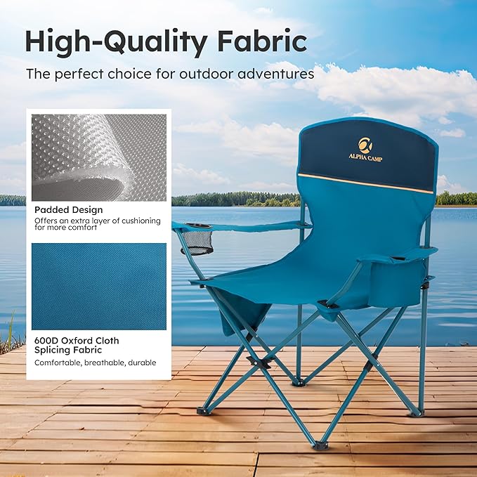 LET'S CAMP Camping Chair 2 Pack Folding Chair with 3-Can Cooler Bag Portable Lawn Chair with Cup Holder,Storage Pocket, Supports 225LBS, Collapsible Chair for Camp, Beach, Picnic (Blue)