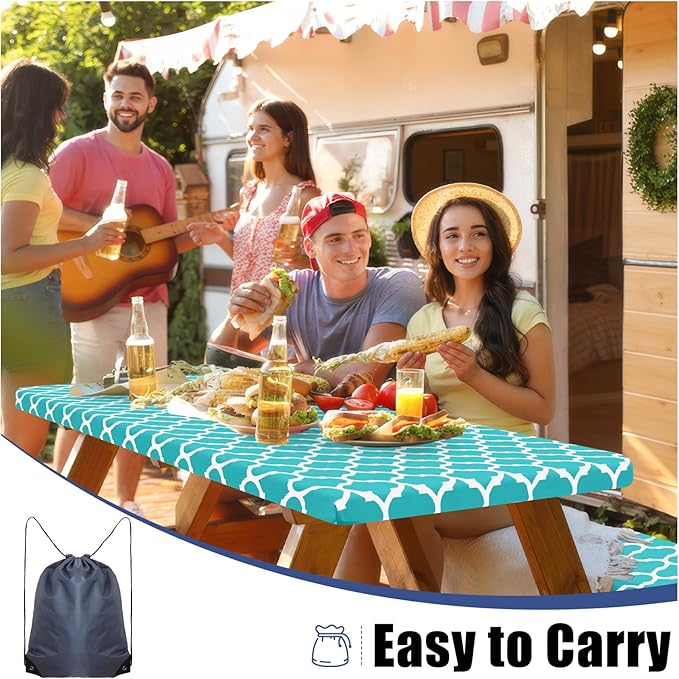 Smiry Picnic Table Cover with Bench Covers, Waterproof Elastic Fitted Tablecloth for 8 Foot Tables, Washable Polyester Tablecloths for Camping, Indoor & Outdoor (Teal Morocco, 30x96 Inch 3-pc Set)