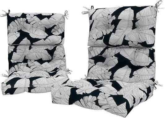 LVTXIII Outdoor Seat/Back Chair Cushion Patio Tufted High Back Cushion, Seasonal Replacement Rocking Chair Cushion with Ties (44” L x 22W”, Set of 2, Black Lush Leaf)