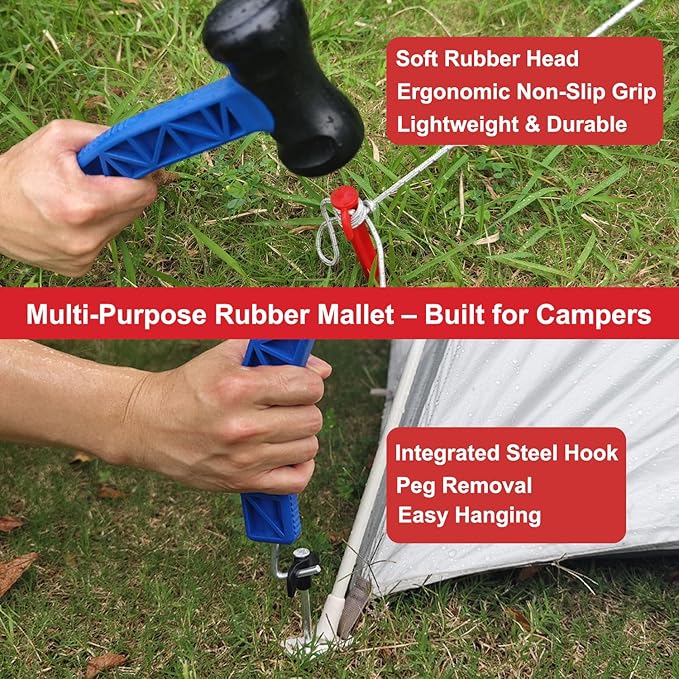 Tent Stakes Kit with Mallet – 33-Piece Camping Peg Set with Rubber Mallet, Plastic & Steel Stakes, Groundsheet Stakes & Peg Puller – Compact Carry Case for Camping, Tents & Canopies