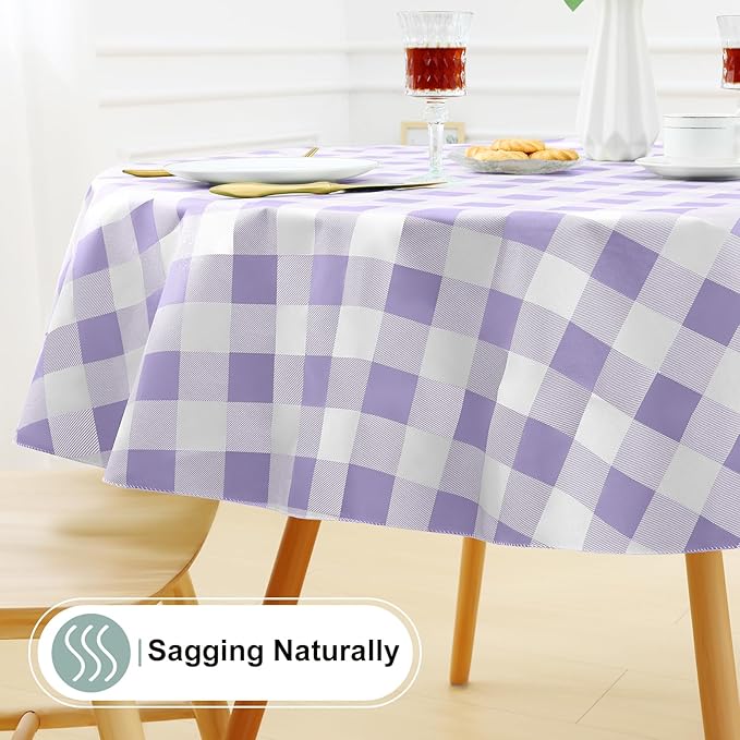 misaya Round Waterproof Vinyl Table Cloth, Buffalo Flannel Backed Tablecloth, Wipeable Plastic Table Cover for Dinner, Kitchen, Picnic (60", Lavender and White)
