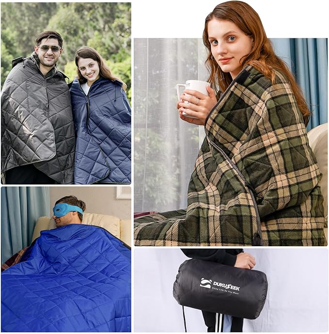 DUKUSEEK Waterproof Camping Blanket with Thick Fleece, Large Outdoor Blanket Windproof with Foldable Hood for Camping Stadium Sporting Events,79"x 58"…