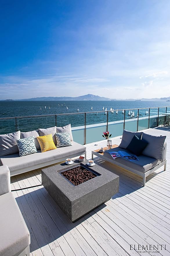 Elementi | Manhattan Gas Fire Pit Cast Concrete 36" Square Fire Table, Outdoor Fire Pit Electronic Ignition | Canvas Cover, Lava Rock Included | Light Gray (Natural Gas)