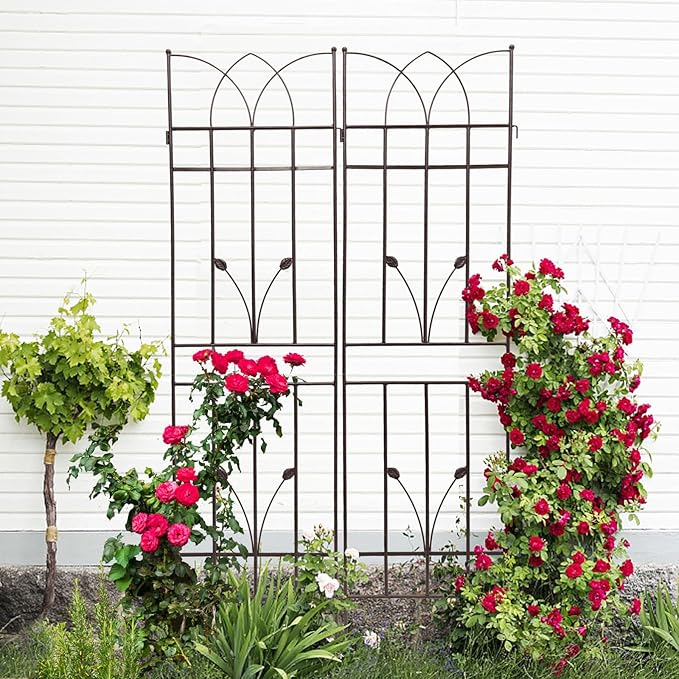 2 Pack Metal Garden Trellis 71" Fence Rustproof Garden Trellis for Climbing Plants Support Roses Flower Outdoor Lawn, Brown 6FT