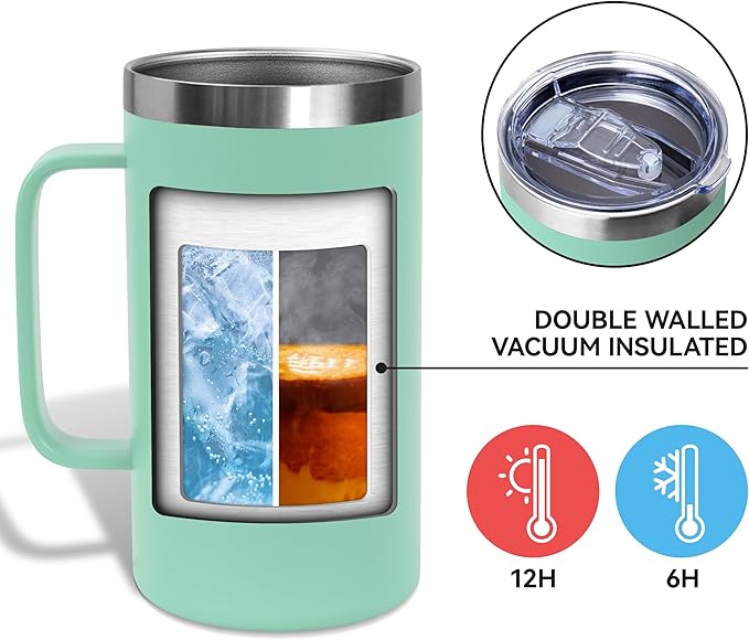 DOMICARE 24oz Mug with Handle and Lid, Stainless Steel Coffee Mug, Travel Mug with Handle, Double Wall Vacuum Coffee Tumbler, Reusable Insulated Cup, Mint Green, Pack 4