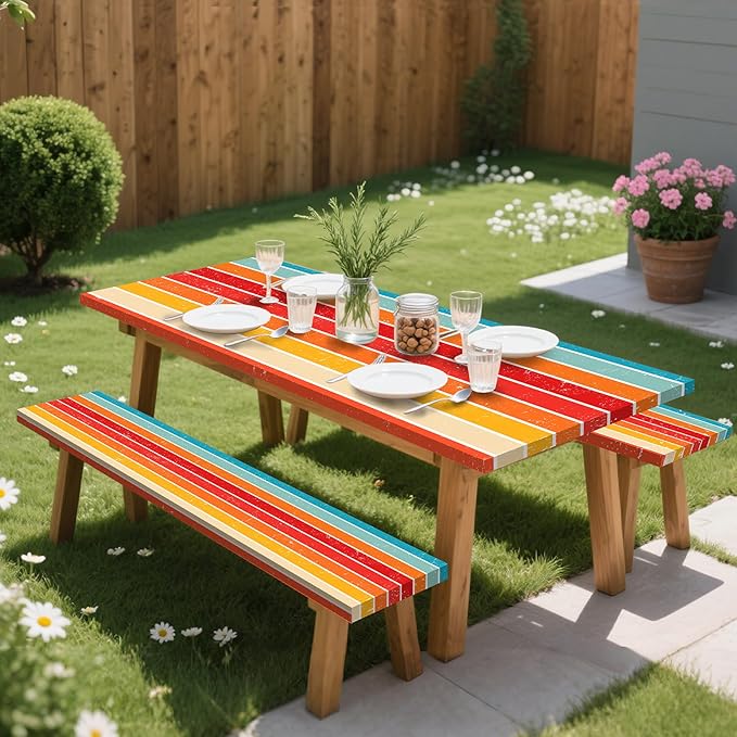 Orange Picnic Table Cover with Bench Covers, 3 Pcs Waterproof Elastic Picnic Table Cover Outdoor Camping Essentials, Windproof Fitted Tablecloth for Camping, Indoor, Outdoor (Striped, 60X30 Inch)