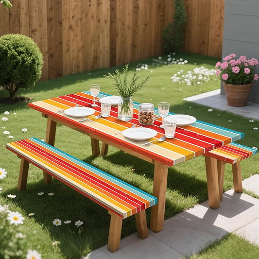 Orange Picnic Table Cover with Bench Covers, 3 Pcs Waterproof Elastic Picnic Table Cover Outdoor Camping Essentials, Windproof Fitted Tablecloth for Camping, Indoor, Outdoor (Striped, 60X30 Inch)