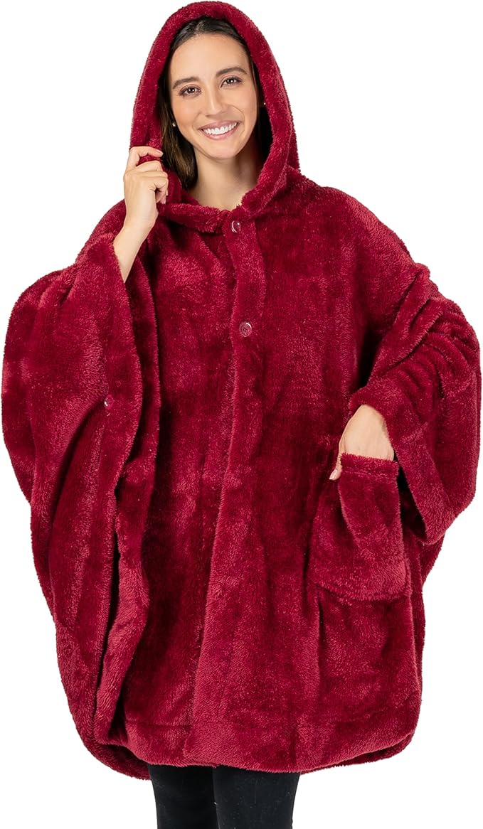 PAVILIA Angel Wrap Hooded Blanket Poncho, Wearable Blanket Throw Wrap Poncho for Women Adult, Cozy Fluffy Sherpa Fleece Shawl Cape with Hood pockets, Warm Gift for Mom Wife, Wine Red