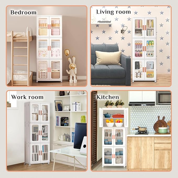 Storage Bins with Lids and Doors Storage Cabinet with Wheels Plastic Stackable Pantry Cabinet Cupboard Closet Foldable Kitchen Collapsible Storage Bins for Book Snack and Bathroom Organizer