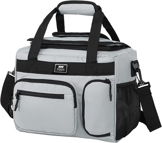 MIER Leakproof Insulated Cooler Lunch Bag for Adult Men Women 30 Can Cooler Bag with Top Flip Lid, 18L, Multiple Pockets (Grey-No Luggage Strap)