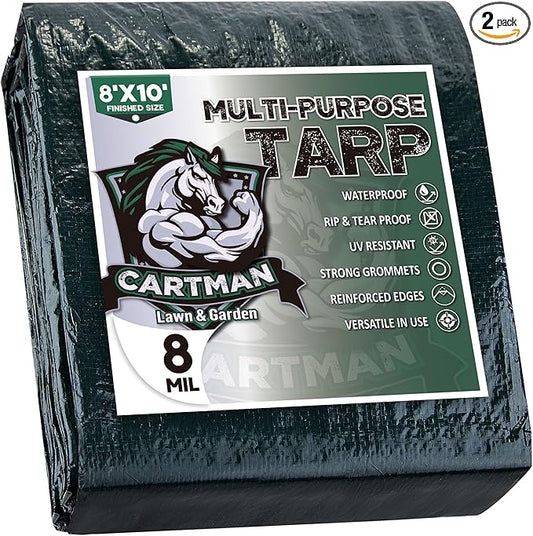 CARTMAN 2 Pack Finished Size 8x10 Feet Waterproof Green Tarp 8 Mil Thick, Multipurpose Protective Cover for Emergency Rain Shelter Camping Tarpaulin