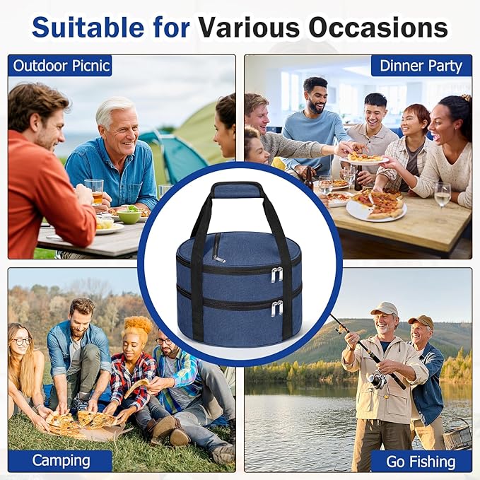 Round Double Insulated Casserole Carrier, Pie Carrier Bag, Portable Casserole Carrier for Hot or Cold Food Lunch Tote, Lunch Bag for Parties Picnic, Fits 12.5" Baking Dish, Navy Blue