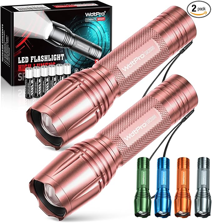 WdtPro LED Flashlight High Lumens SR2000 Pro, 2 Pack Brighter Tactical Flashlights with 5 Modes & Zoomable, Powerful Mini Flash Light for Emergency, Camping, Hiking (Pink)