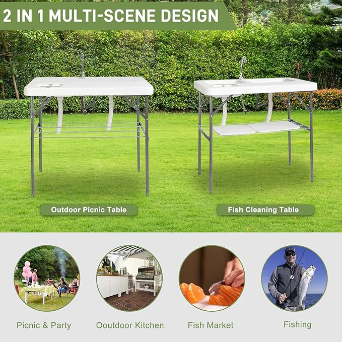 Outvita Folding Portable Camping Sink Table with Sink Faucet, Drainage Hose & Grid Rack, White