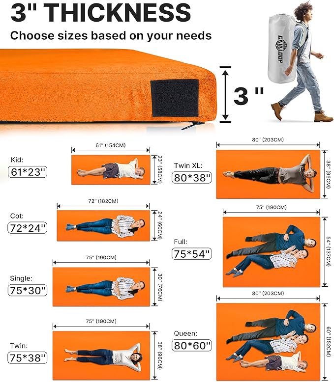 3 Inch GAIALOOP Thick Memory Foam Camping Mattress Sleeping Pad [Car/Tent/Cot] Glamping Portable Floor Mat Roll Up Futon Mattress for Guests Sleepover