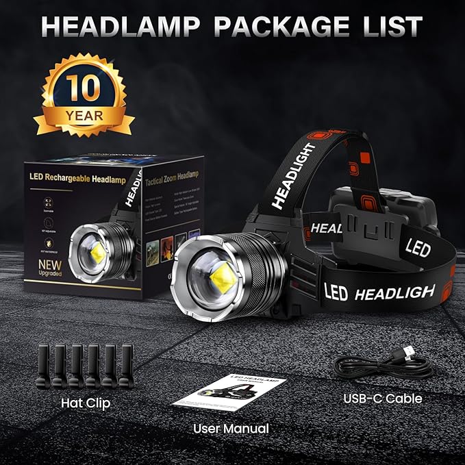AKNEAR LED Rechargeable Headlamp 4500 High Lumens, 95 Hours Endurance Head Lamp with Zoomable & 12 Modes & IPX7 Waterproof & 125° Adjustable, Super Bright Head Light for Outdoor, Camping, Hard Hat