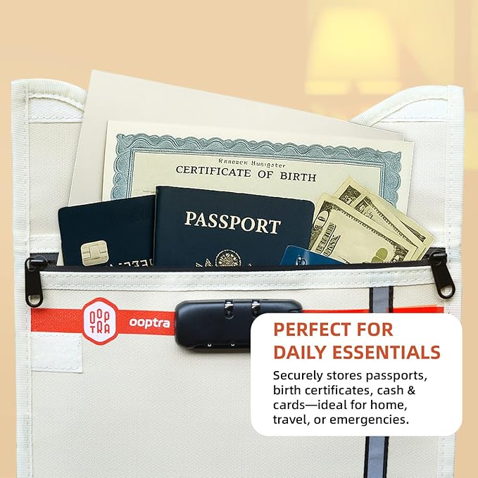 Fireproof Document Bag (Beige) – Waterproof Zipper & Lock – for Home, Office & Travel – Holds Files, Cash, Passport, Valuables – Fire & Water Resistant