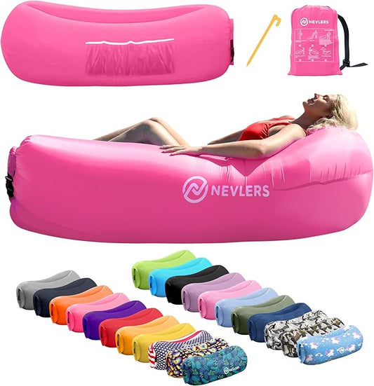 Nevlers Inflatable Lounger | 210T Polyester Inflatable Chair | No-Pump Blow Up Couch | Camping Couch Air Sofa Bed w/ 450 lbs. Cap., Pockets & Matching Bag | Use as Inflatable Couch for Adults & Kids