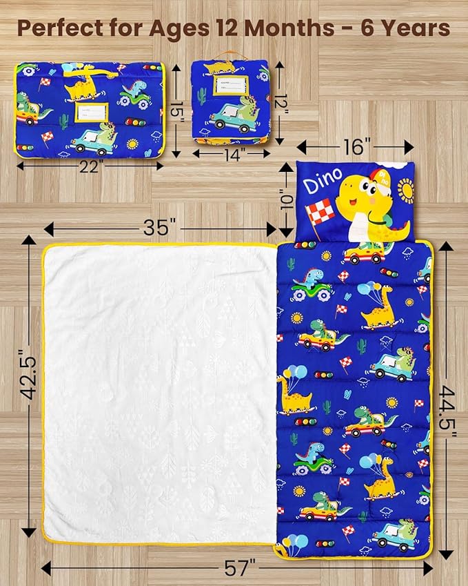 Primlect Toddler Nap Mat with Removable Pillow and Flannel Blanket, Portable Kids Sleeping Bag, Easy to Carry on The Go, Perfect for Daycare, Preschool, Boys and Girls, 12 Months - 6 Years