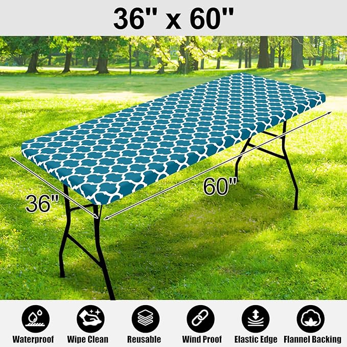 Smiry Rectangle Picnic Table Cover, Waterproof Elastic Fitted Camping Tablecloths for 5 Foot Tables, Wipeable Flannel Backed Vinyl Tablecloth Protector for Indoor, Outdoor (Turquoise, 36x60 Inches)