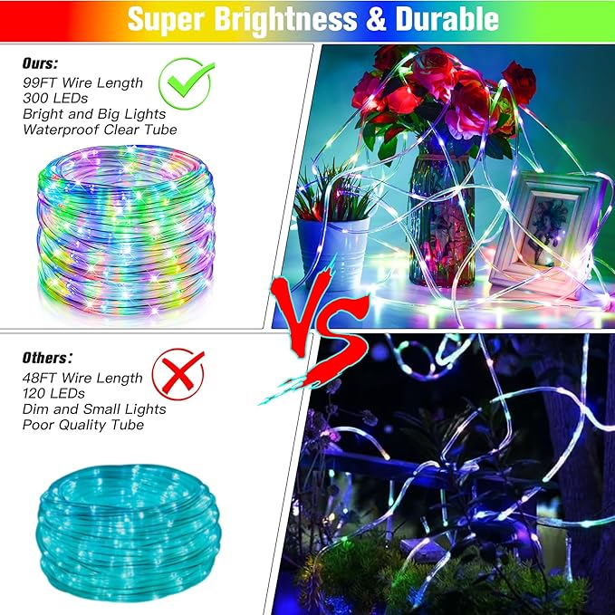 99Ft LED Rope Lights Outdoor, 18 Colors Changing Fairy String Light Plug in with Remote, IP68 Waterproof 300 LEDs Multicolor Twinkle Christmas Lights for Bedroom Patio Halloween Holiday Decor