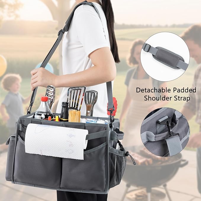 Large Grill Caddy with Paper Towel Holder – Collapsible BBQ Organizer for Camping, Tailgating, RV, Boating – Grilling Gifts for Men – Griddle Tote Bag with Shoulder Strap – Outdoor Essentials
