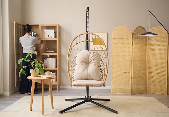 Indoor/Outdoor Egg Hanging Chair with Stand - Patio Wicker Swing Hammock Chair. 350lbs Capacity, Cushioned. Ideal for Bedroom, Balcony, Porch, Garden. Versatile Swing Chair for All Spaces
