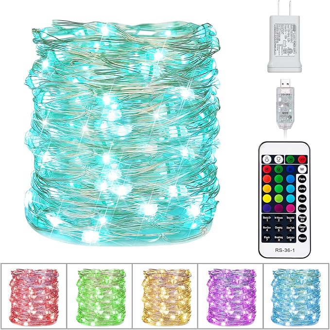 Minetom Color Changing Fairy String Lights - 33 ft 100 LED USB Silver Wire Lights with Remote and Timer, Starry Fairy Light for Bedroom Party Indoor Christmas Decoration, 16 Colors, Adapter Included