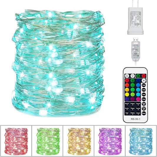Minetom Color Changing Fairy String Lights - 33 ft 100 LED USB Silver Wire Lights with Remote and Timer, Starry Fairy Light for Bedroom Party Indoor Christmas Decoration, 16 Colors, Adapter Included