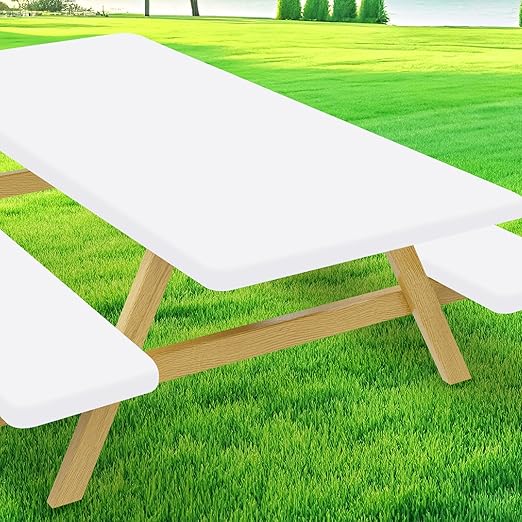 Picnic Table Cover with Bench Covers, Elastic Fitted Spandex Tablecloths for 6 Foot Rectangle Tables, Stretch Washable Patio Tablecloth for Outdoor, Camping (White, 30"x72")