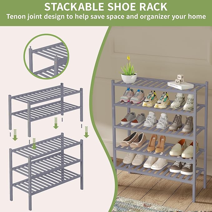 2 Tier Bamboo Shoe Rack for Closet Free Standing Wood Shoe Shelf for Entryway Small Space Stackable 27"x11"x13" (Grey)